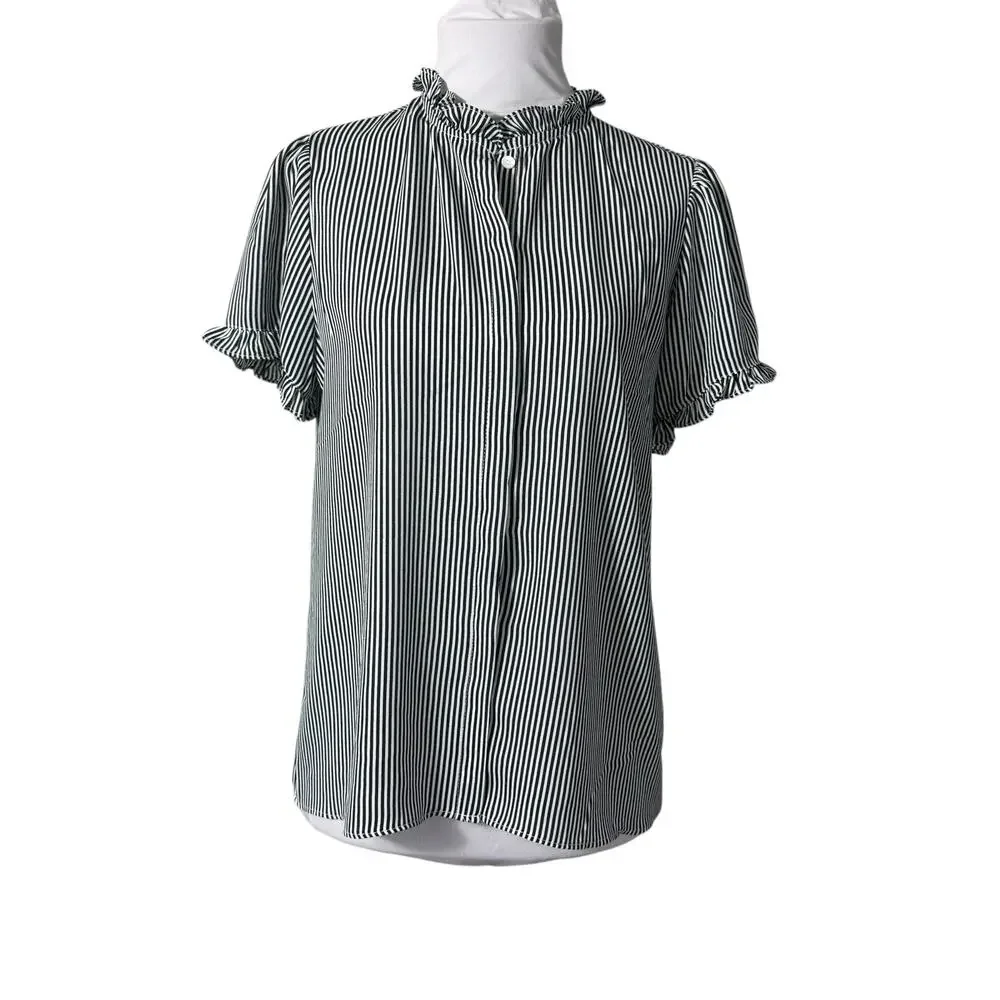 New with Tags T Tahari Black White Striped Button Down Ruffle Blouse S - Picture 2 of 6